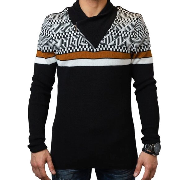 LCR Black Edition Men's Shawl Neck Knit Sweater Geometric Blue Long Sleeve - Picture 1 of 10